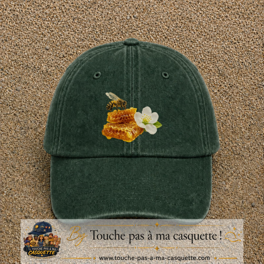 Image principale casquette Vert foncé délavé avec motif Abeille et miel 7 cm