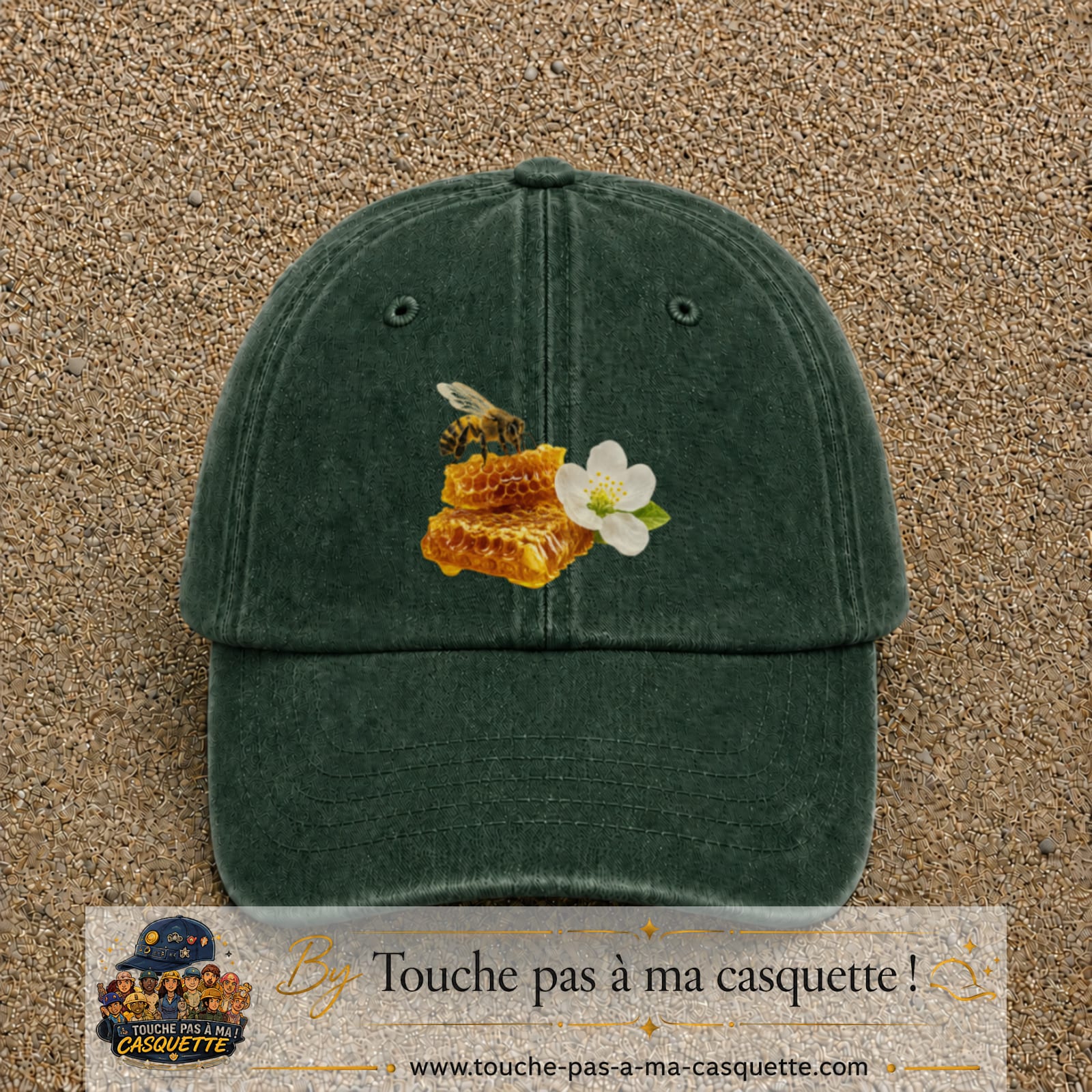 Image principale casquette Vert foncé délavé avec motif Abeille et miel 7 cm