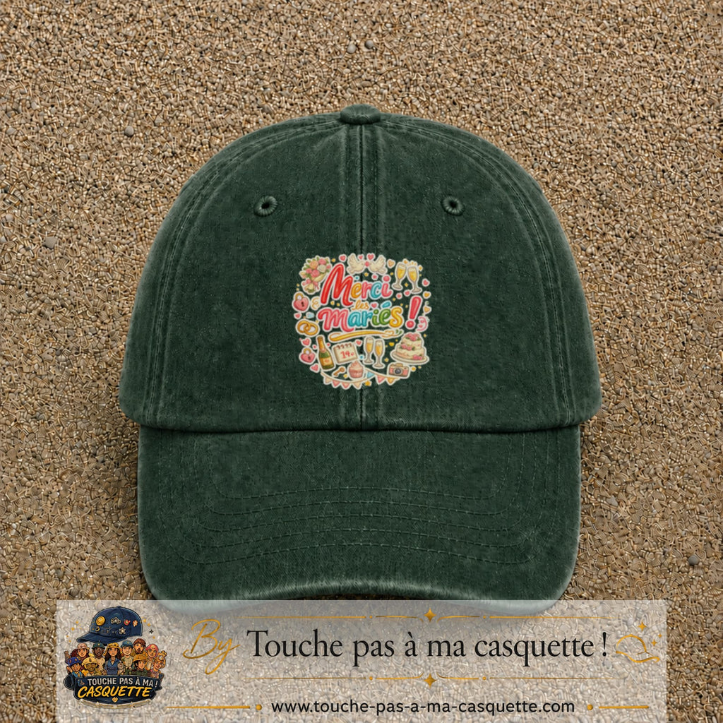 Casquette Vert foncé délavé avec motif Merci les Mariés en 7 cm – vue principale