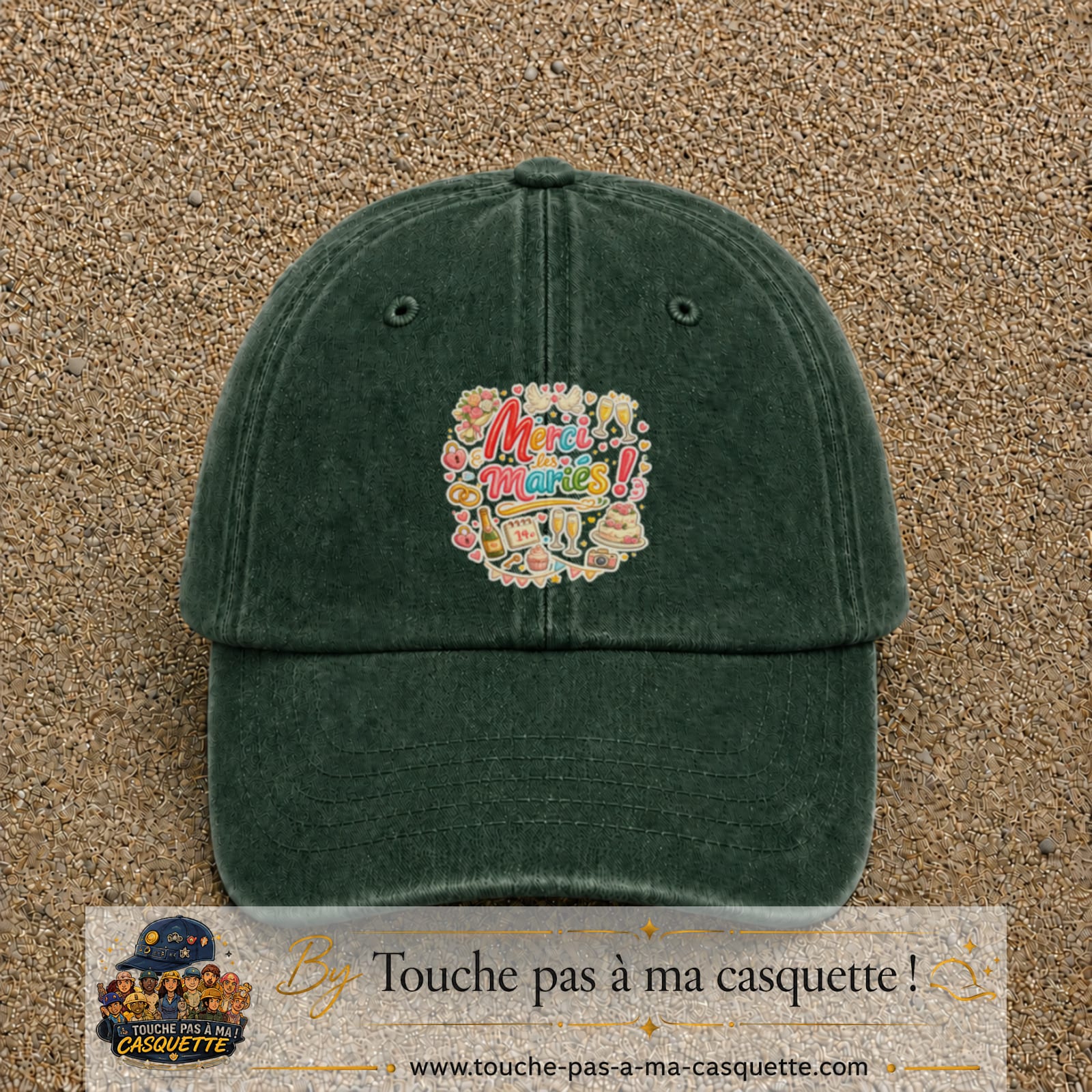 Casquette Vert foncé délavé avec motif Merci les Mariés en 7 cm – vue principale