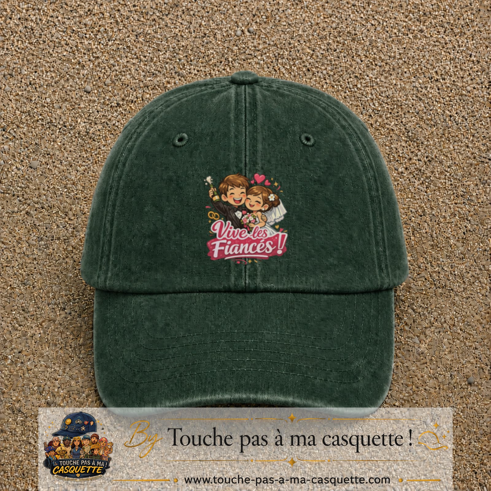 Casquette Vert foncé délavé avec motif Vive les Fiancés en 7 cm – vue principale