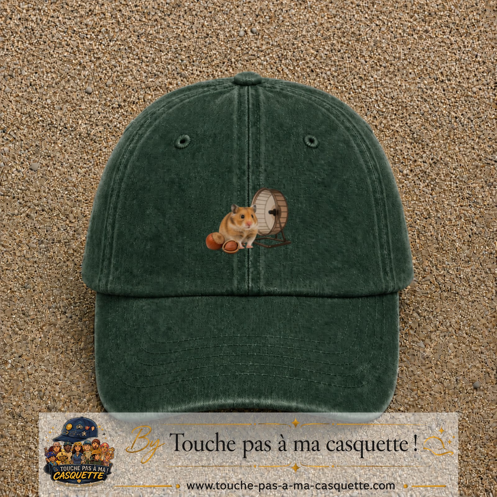 Casquette Vert foncé délavé motif Hamster avec roue logo 5 cm