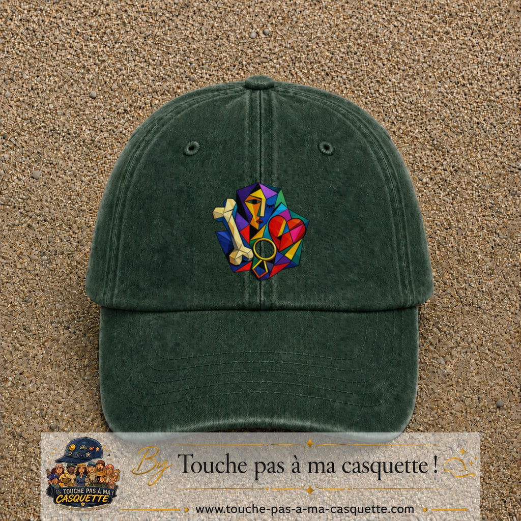 Casquette Vert foncé délavé motif Portrait abstrait logo 7 cm