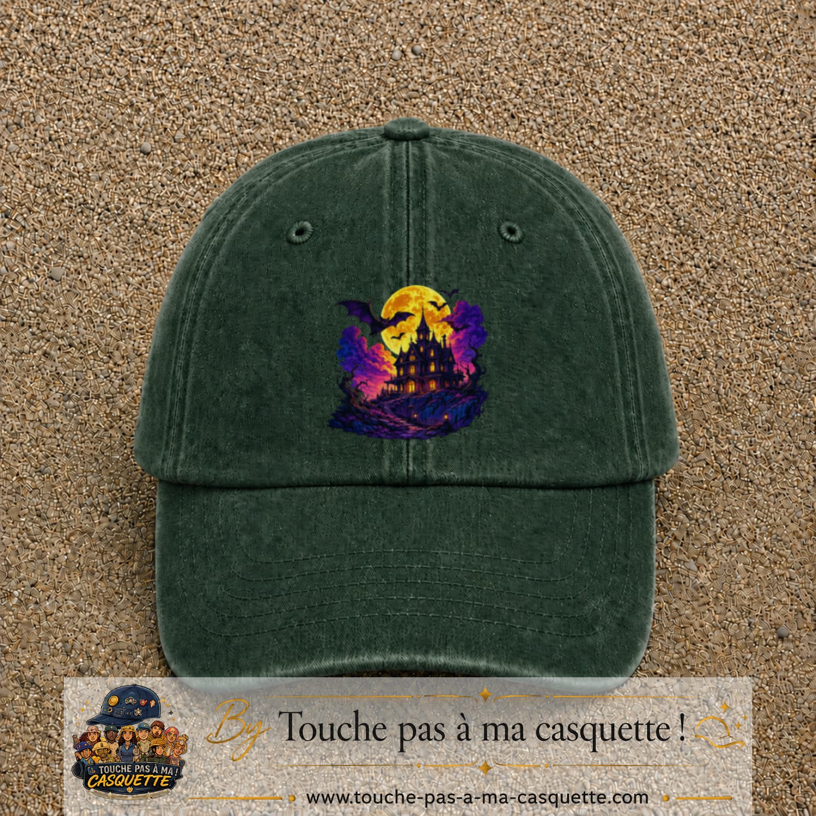 Casquette Vert foncé délavé motif Manoir hanté logo 7 cm