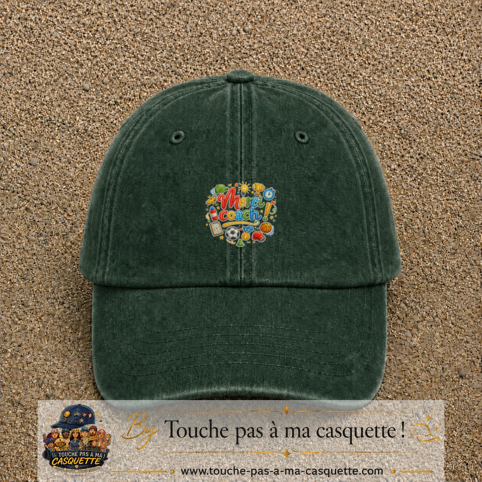 Casquette Vert foncé délavé avec motif Merci coach multisport en 5 cm – vue principale