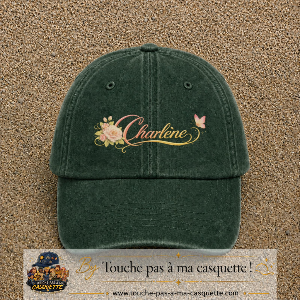 Casquette Vert foncé délavé avec motif Prénom Charlène fleuri en 7 cm – vue principale