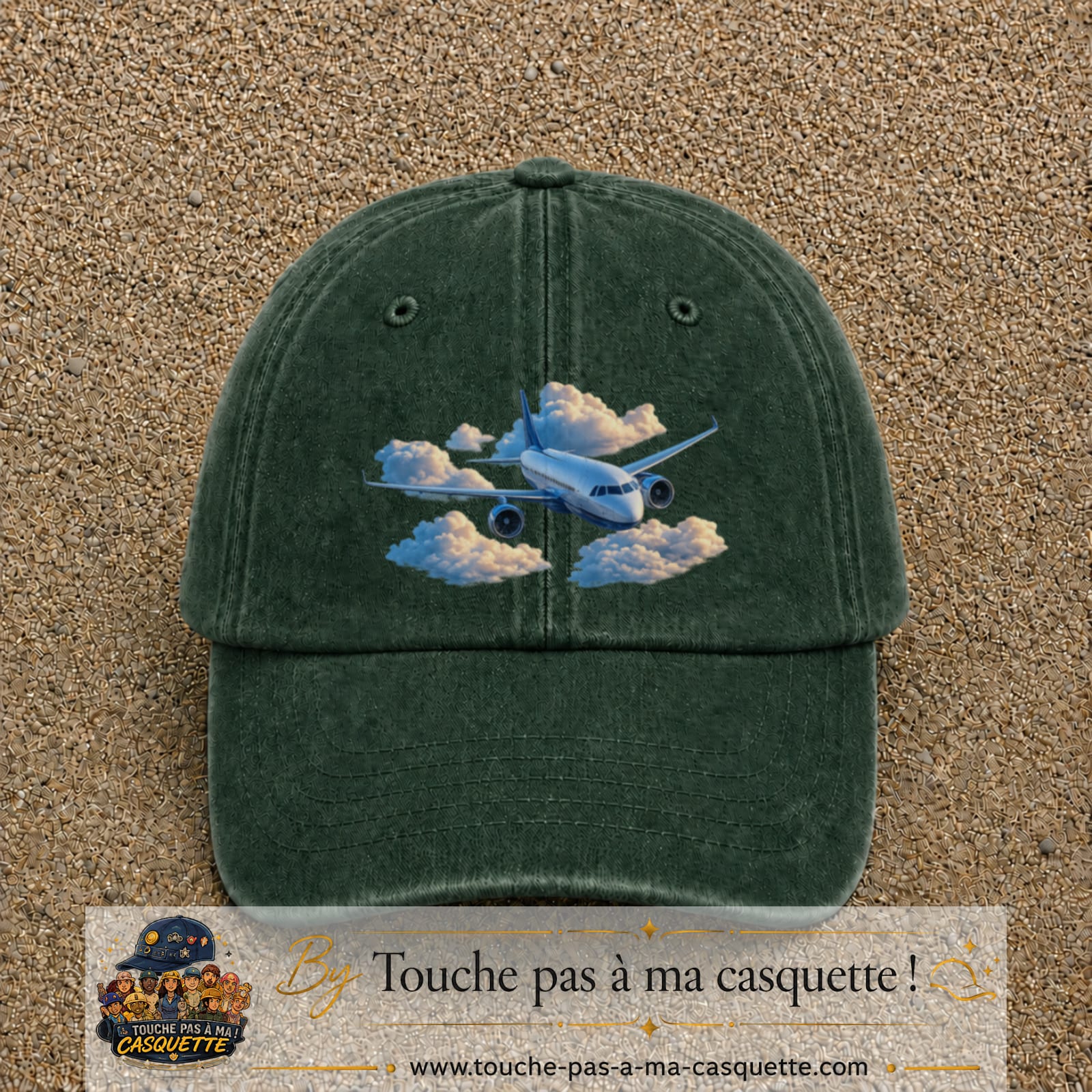 Image principale casquette Vert foncé délavé avec motif Avion dans les nuages 7 cm