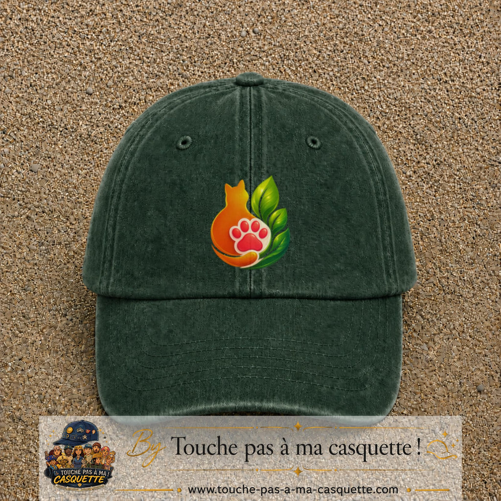 Casquette Vert foncé délavé motif Chat feuille logo 7 cm