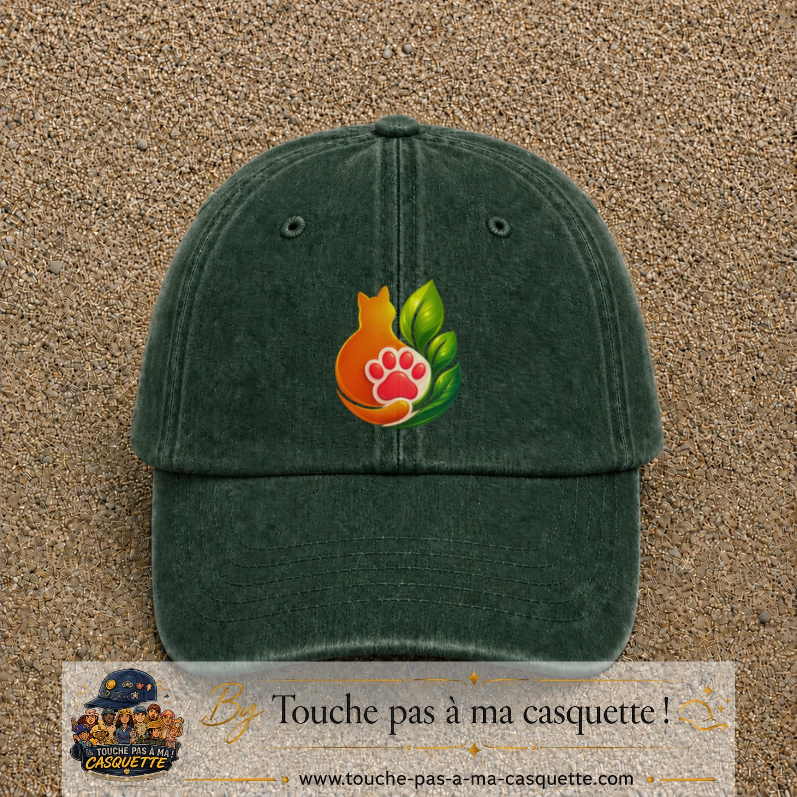Casquette Vert foncé délavé motif Chat feuille logo 7 cm