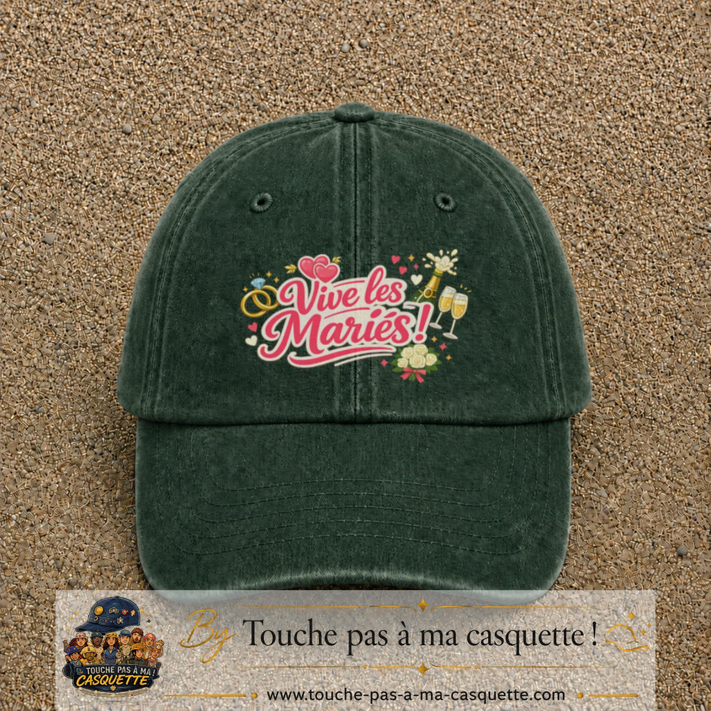 Casquette Vert foncé délavé avec motif Vive les Mariés en 7 cm – vue principale