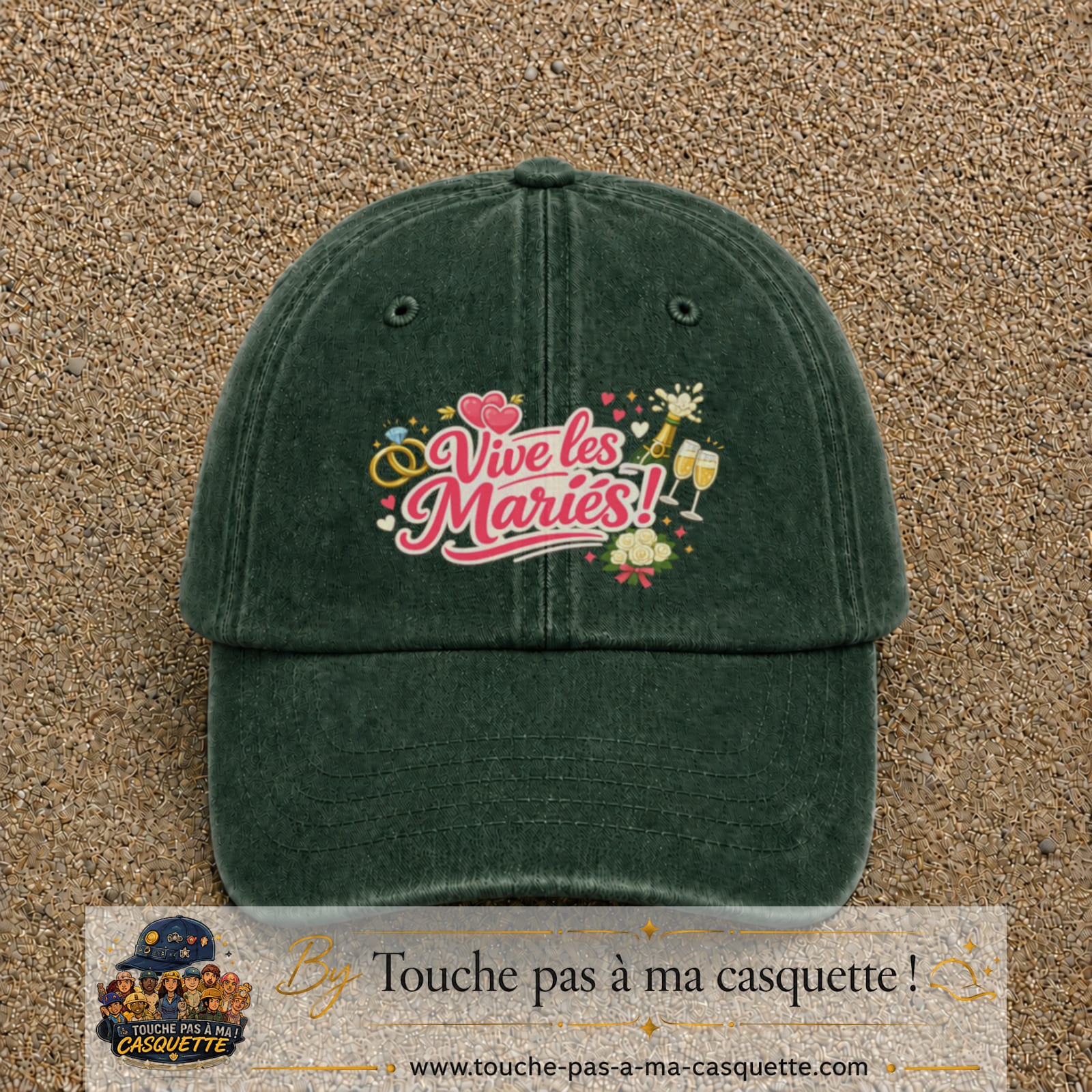 Casquette Vert foncé délavé avec motif Vive les Mariés en 7 cm – vue principale