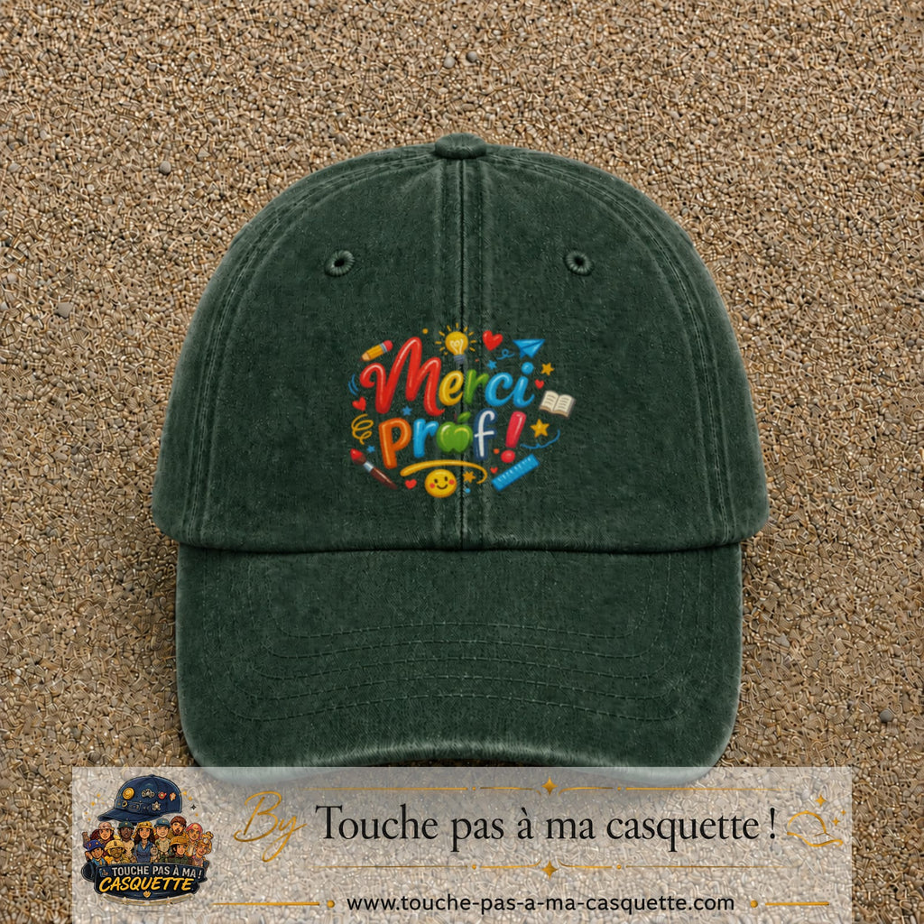 Casquette Vert foncé délavé avec motif Merci Prof coloré en 7 cm – vue principale