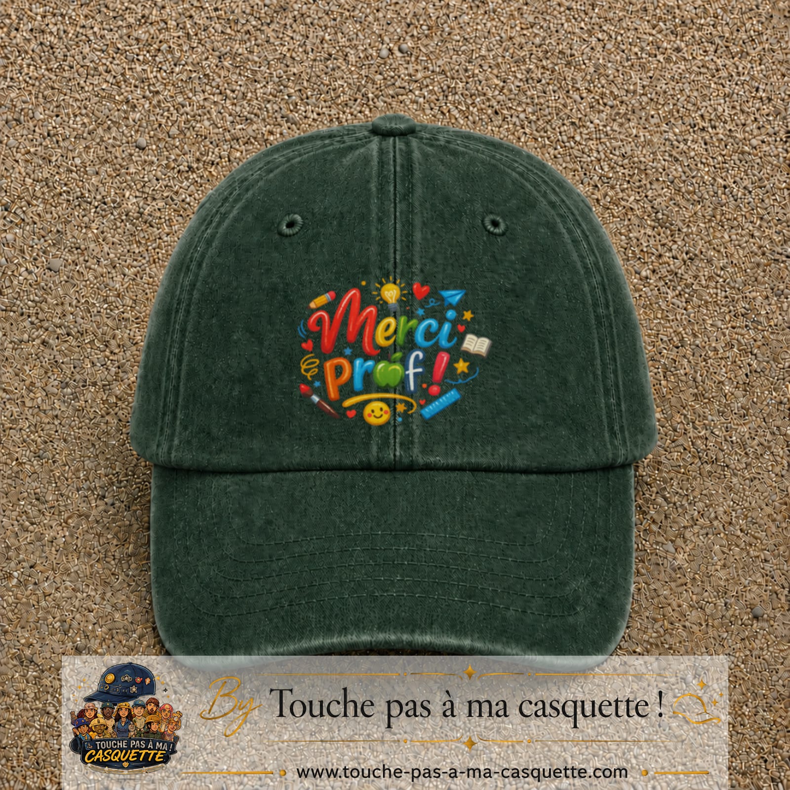 Casquette Vert foncé délavé avec motif Merci Prof coloré en 7 cm – vue principale