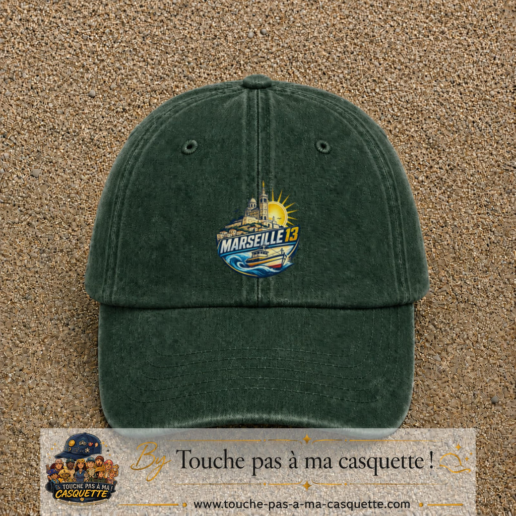 Casquette Vert foncé délavé motif Marseille 13 logo 7 cm