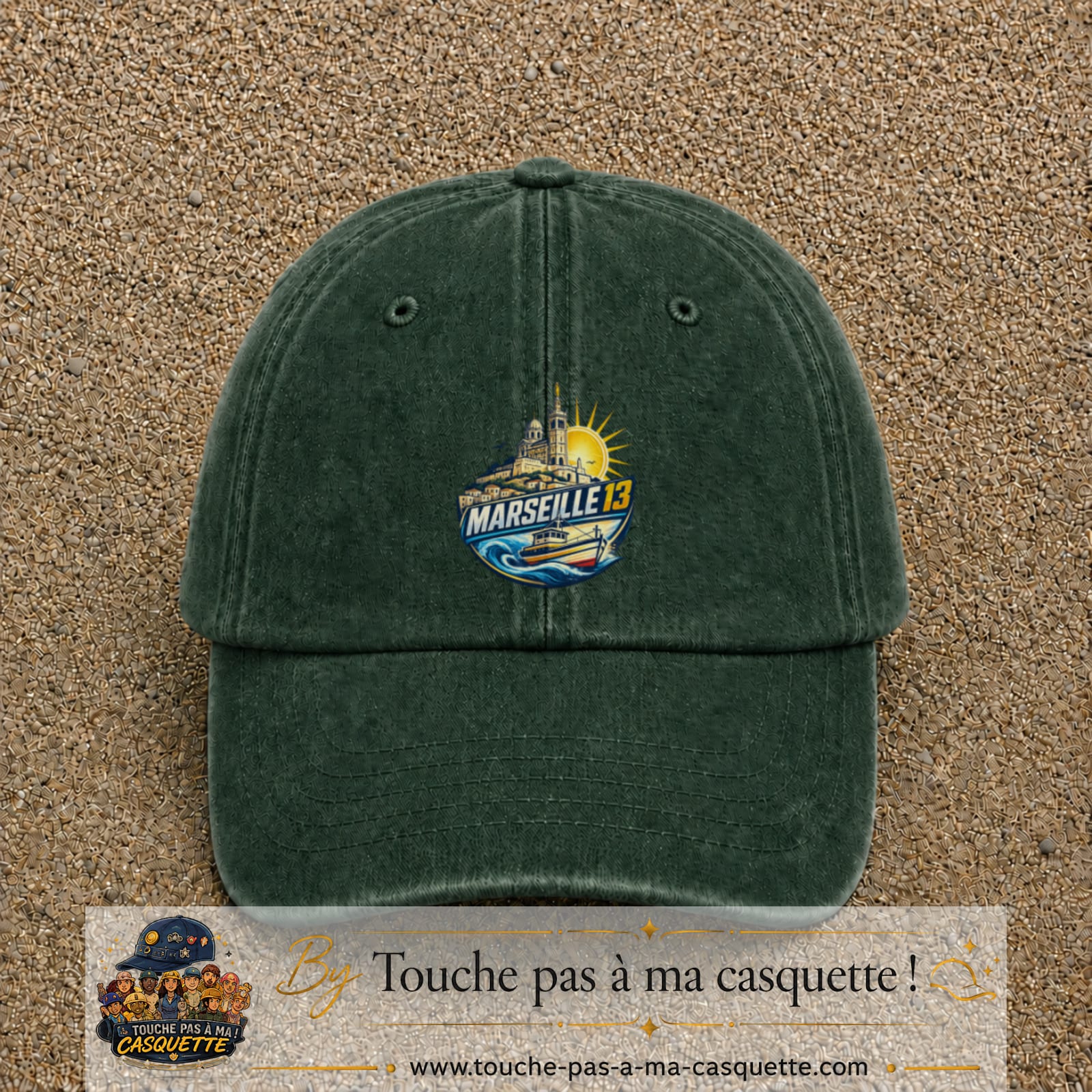 Casquette Vert foncé délavé motif Marseille 13 logo 7 cm
