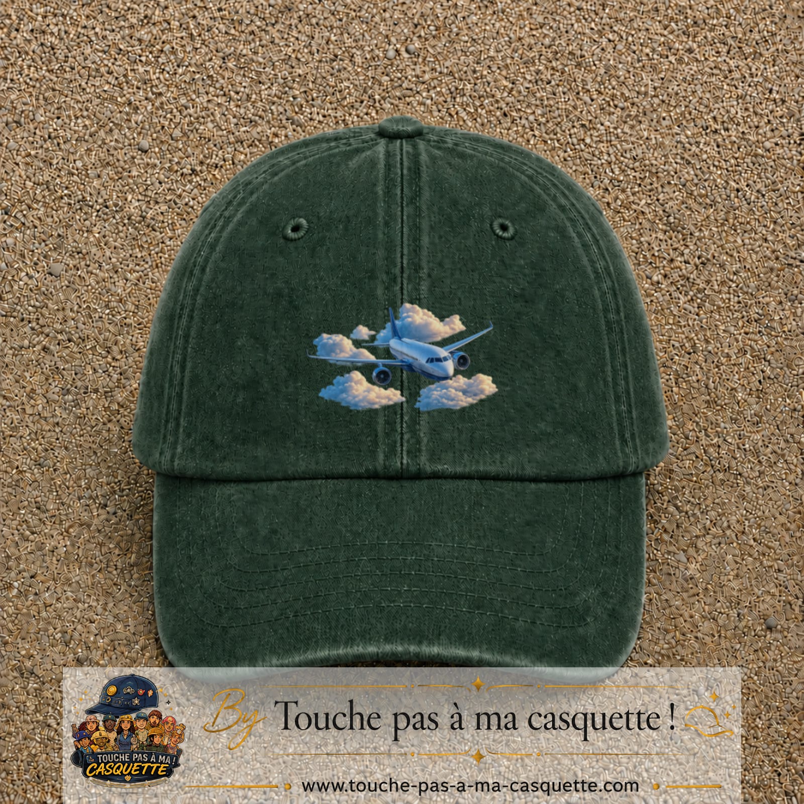Image principale casquette Vert foncé délavé avec motif Avion dans les nuages 5 cm