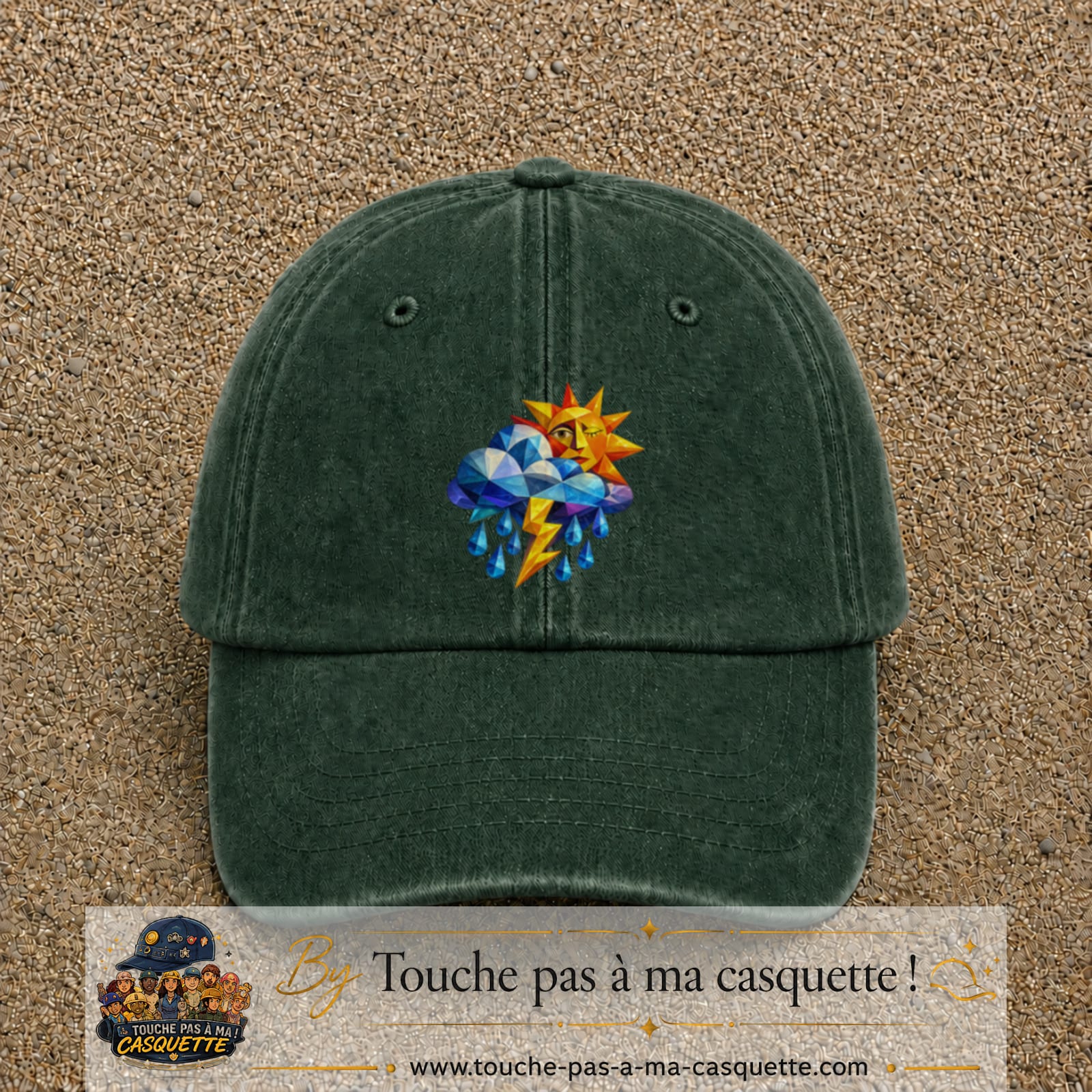 Image principale casquette Vert foncé délavé avec motif Météo soleil orage 7 cm