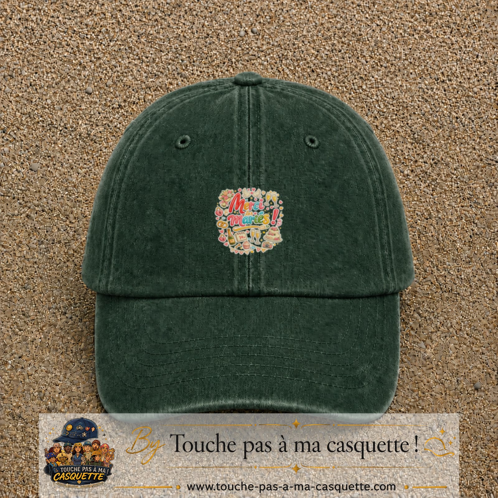 Casquette Vert foncé délavé avec motif Merci les Mariés en 5 cm – vue principale