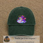 Casquette Vert foncé délavé motif Licorne et bébé dragon logo 7 cm