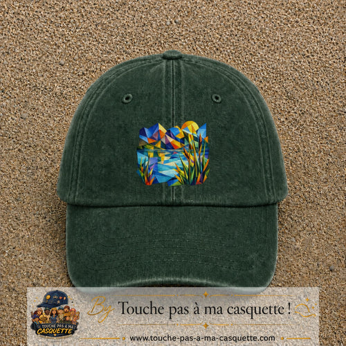 Casquette Vert foncé délavé motif Paysage tropical géométrique logo 7 cm