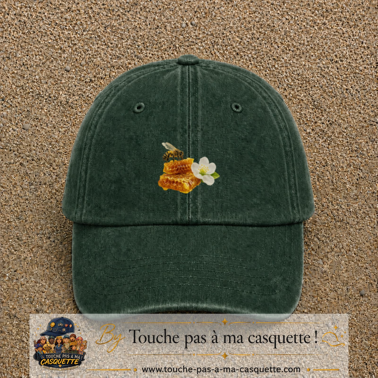 Image principale casquette Vert foncé délavé avec motif Abeille et miel 5 cm