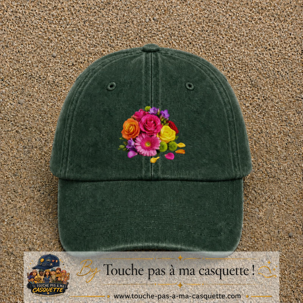 Casquette Vert foncé délavé motif Bouquet de fleurs logo 7 cm