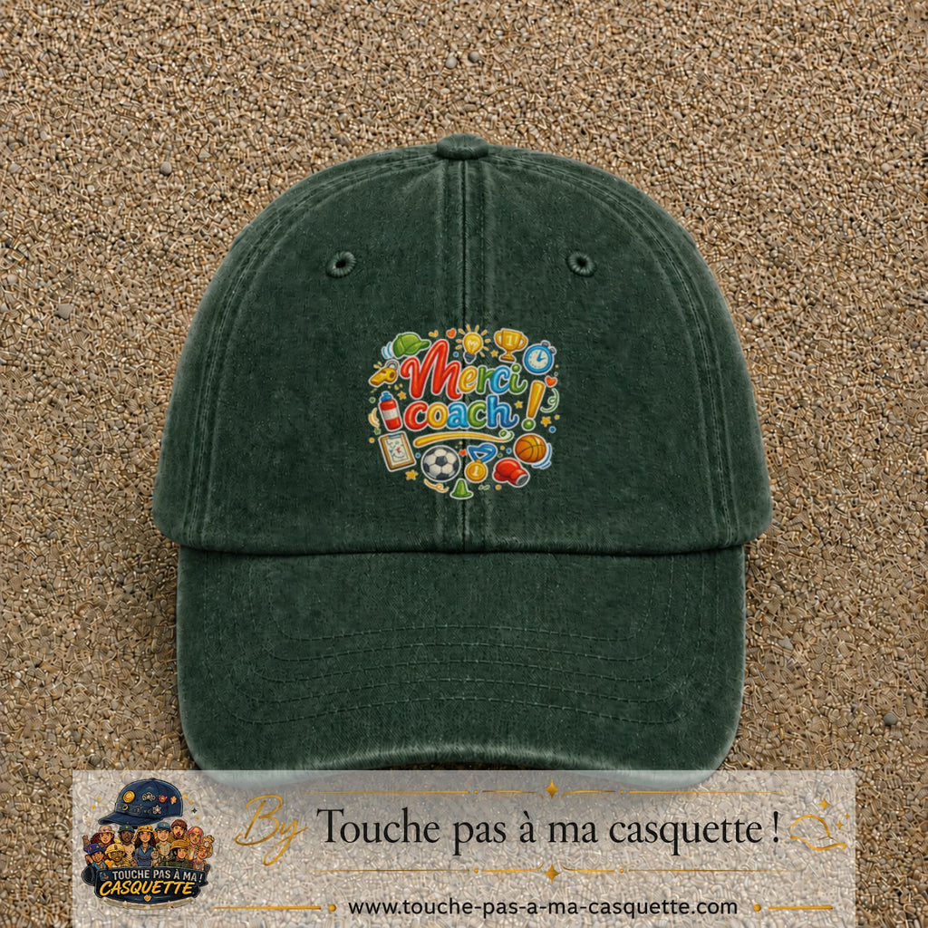 Casquette Vert foncé délavé avec motif Merci coach multisport en 7 cm – vue principale