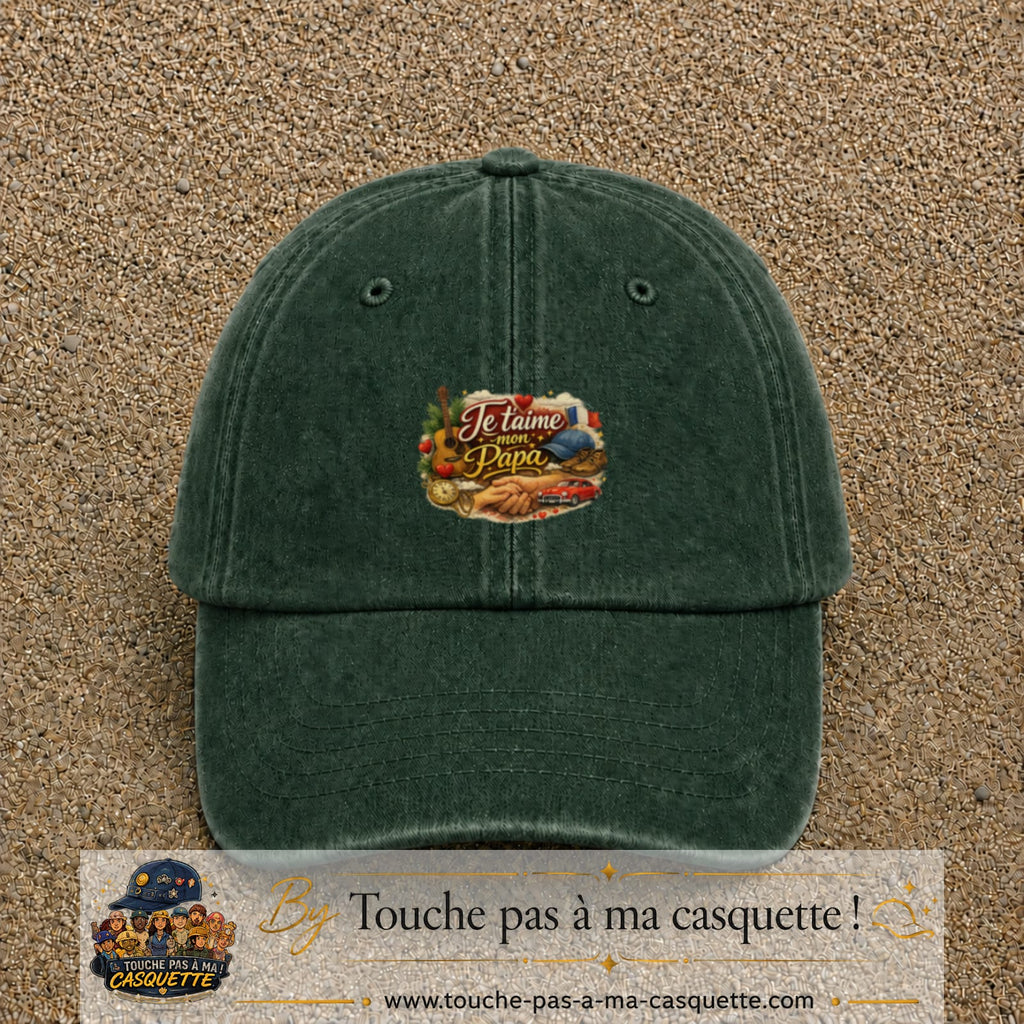 Casquette Vert foncé délavé avec motif Je t’aime mon Papa et ses passions en 5 cm – vue principale