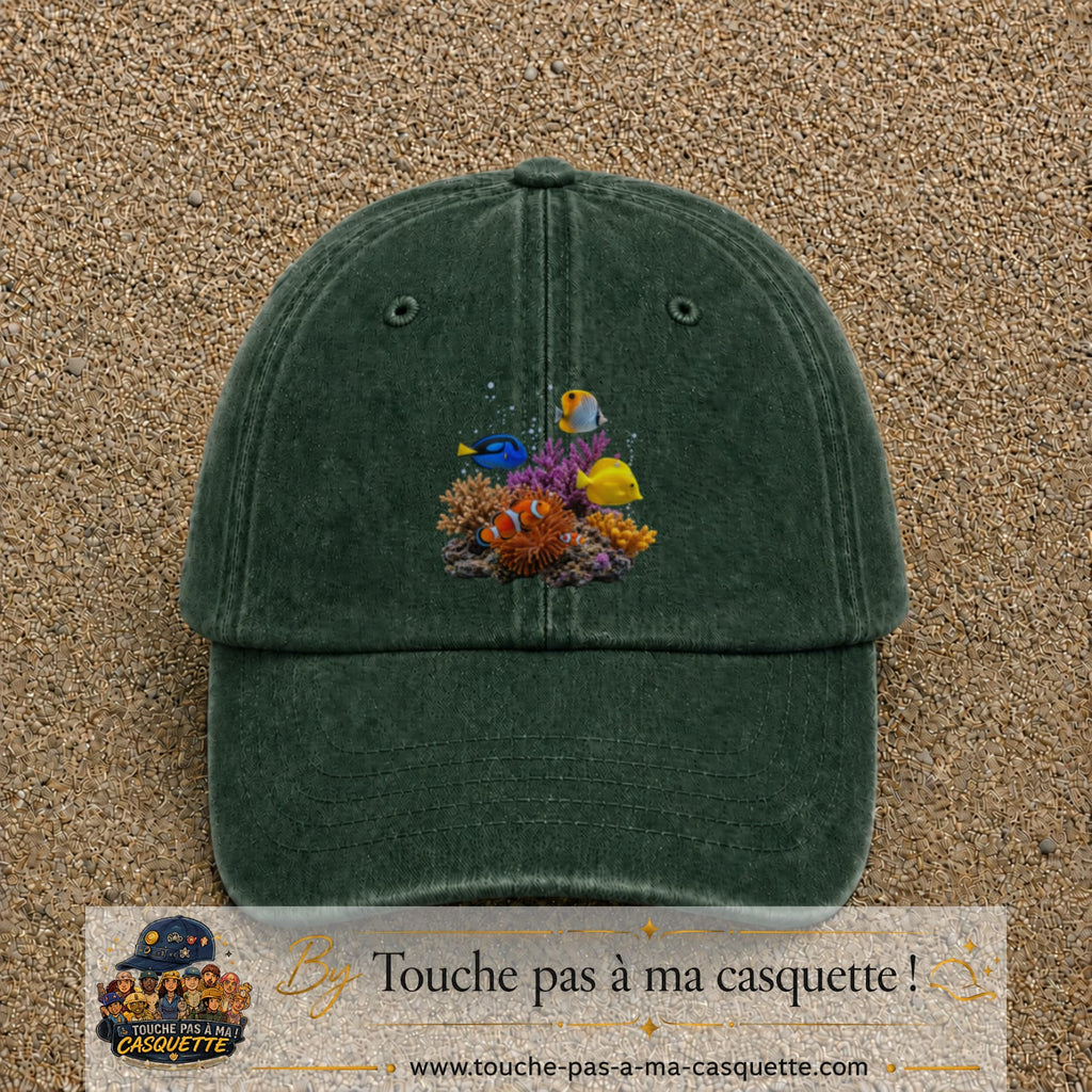Image principale casquette Vert foncé délavé avec motif Récif aux poissons 7 cm