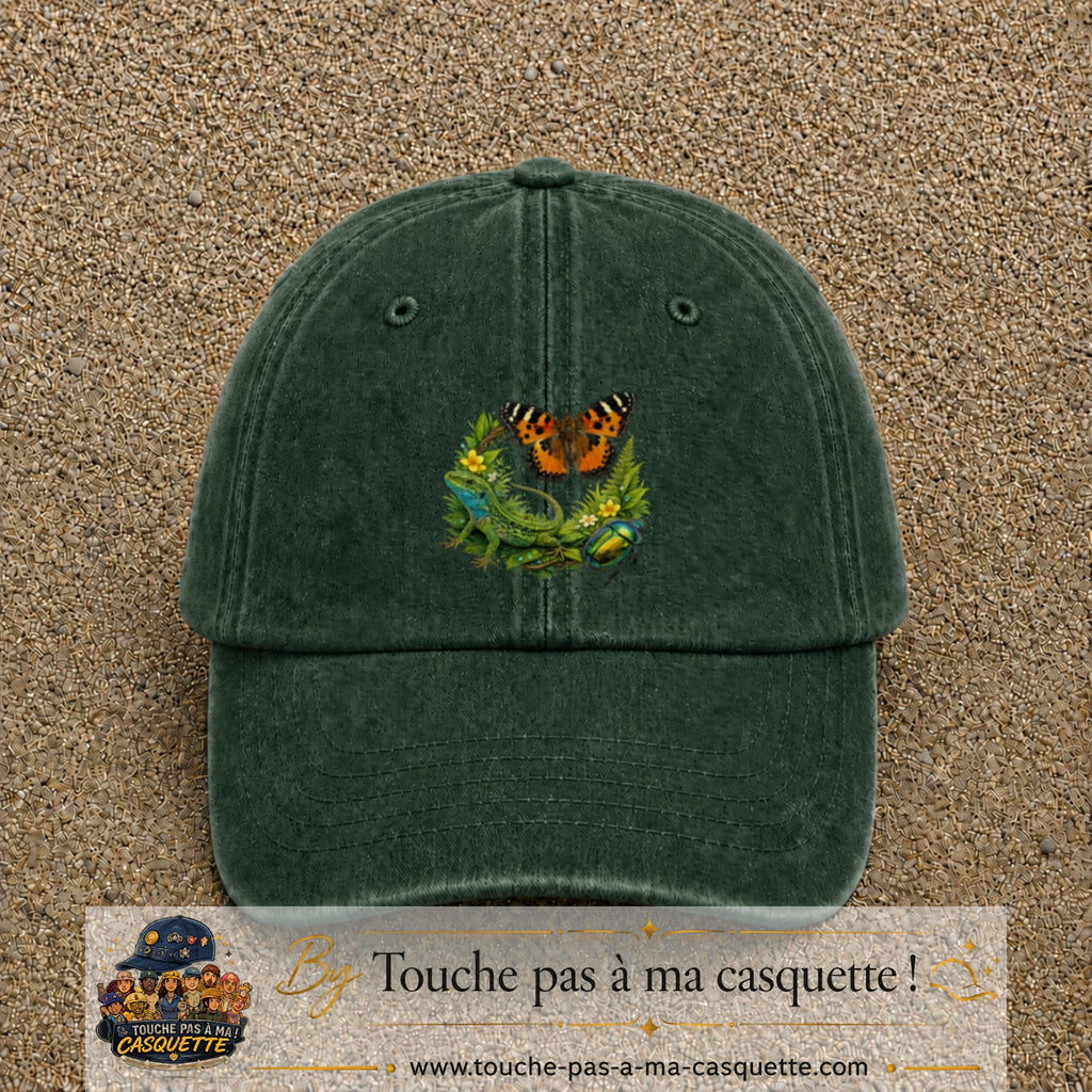 Image principale casquette Vert foncé délavé avec motif Papillon et lézard 7 cm