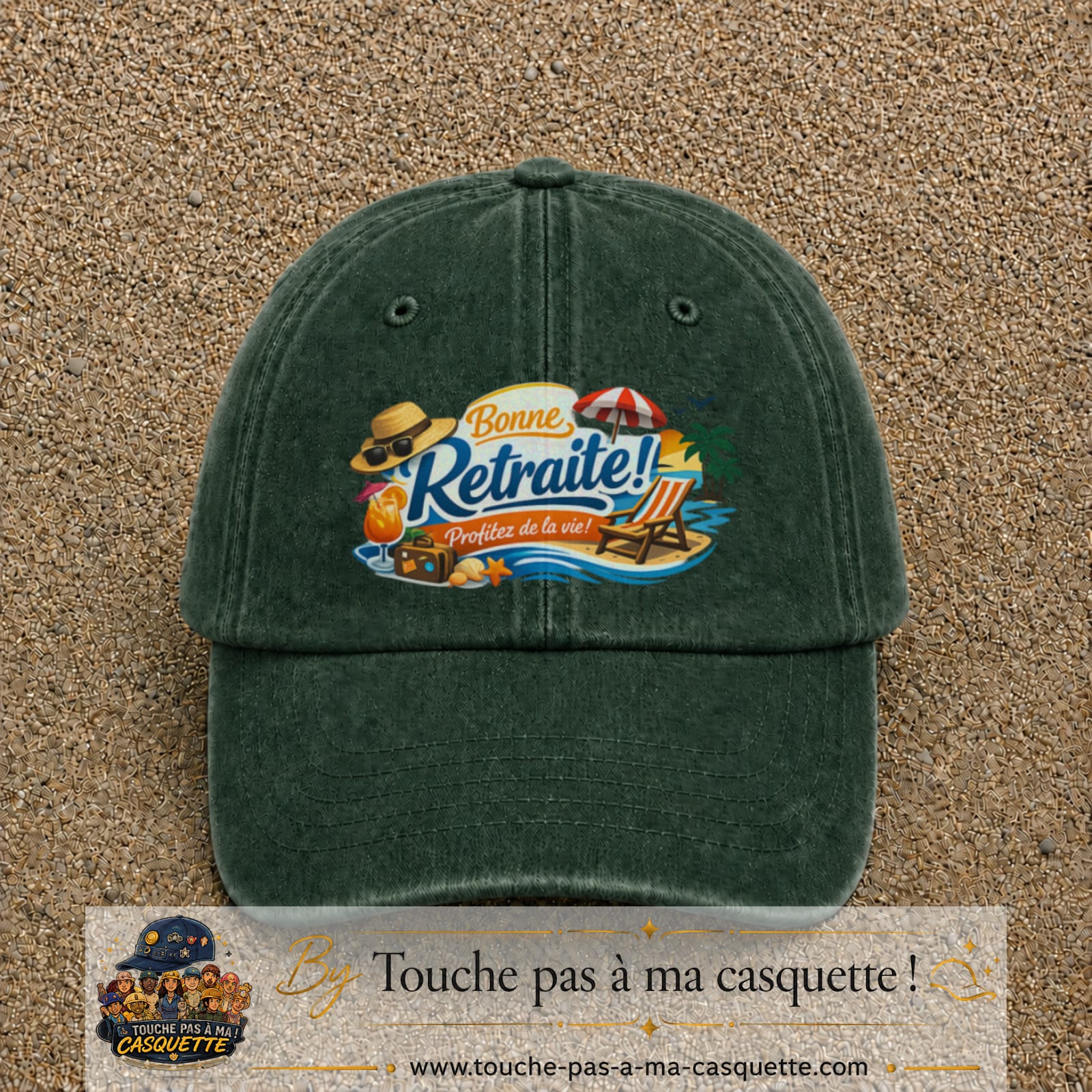 Casquette Vert foncé délavé avec motif Bonne retraite au bord de la mer en 7 cm – vue principale