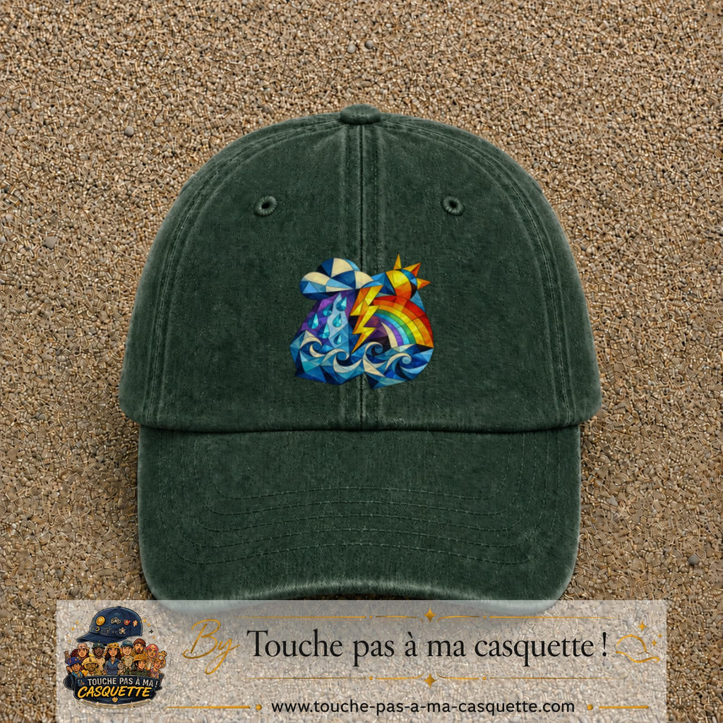 Image principale casquette Vert foncé délavé avec motif Orage arc-en-ciel 7 cm
