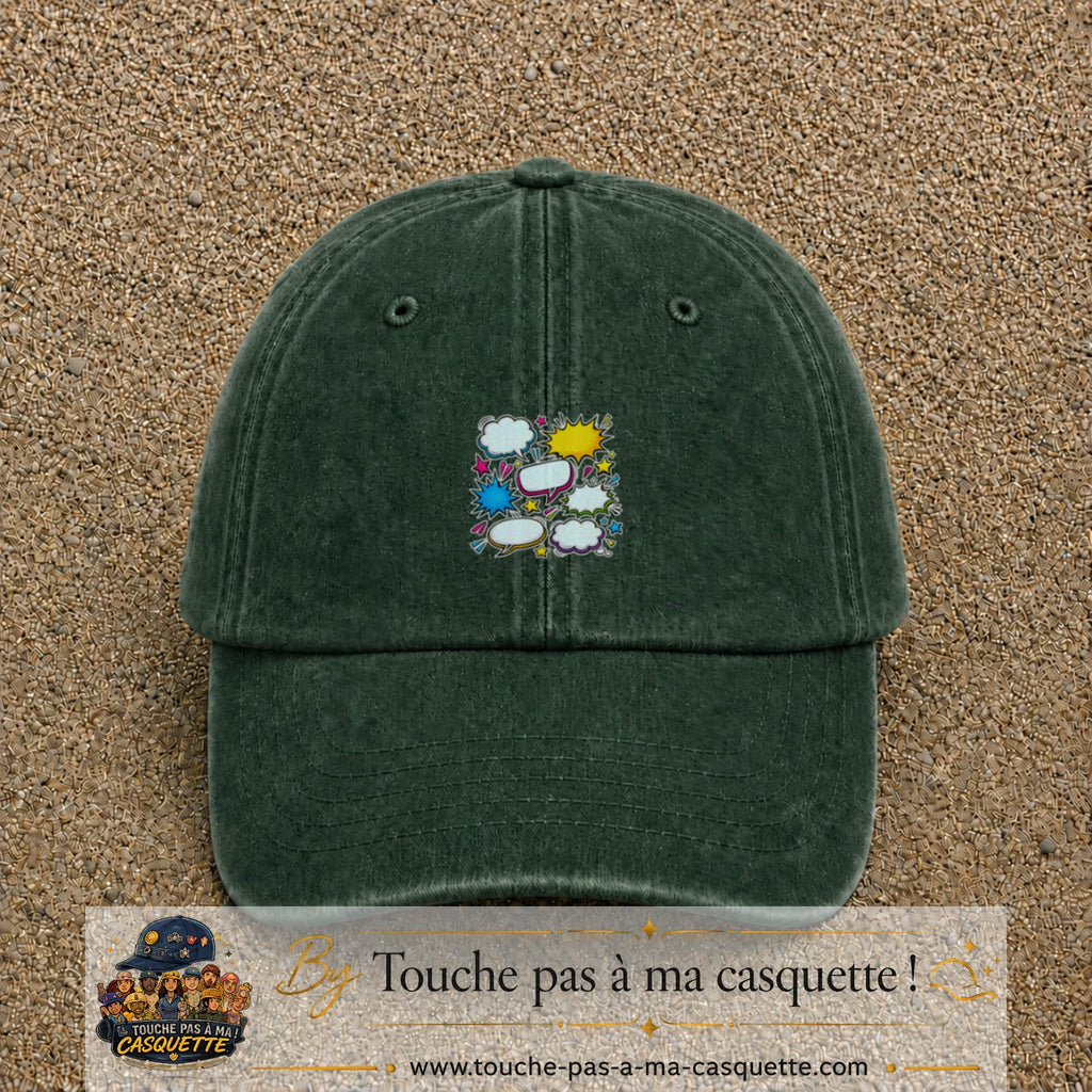 Casquette Vert foncé délavé motif Bulles de bande dessinée logo 5 cm