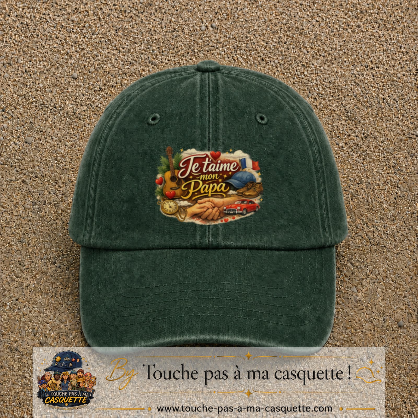 Casquette Vert foncé délavé avec motif Je t’aime mon Papa et ses passions en 7 cm – vue principale