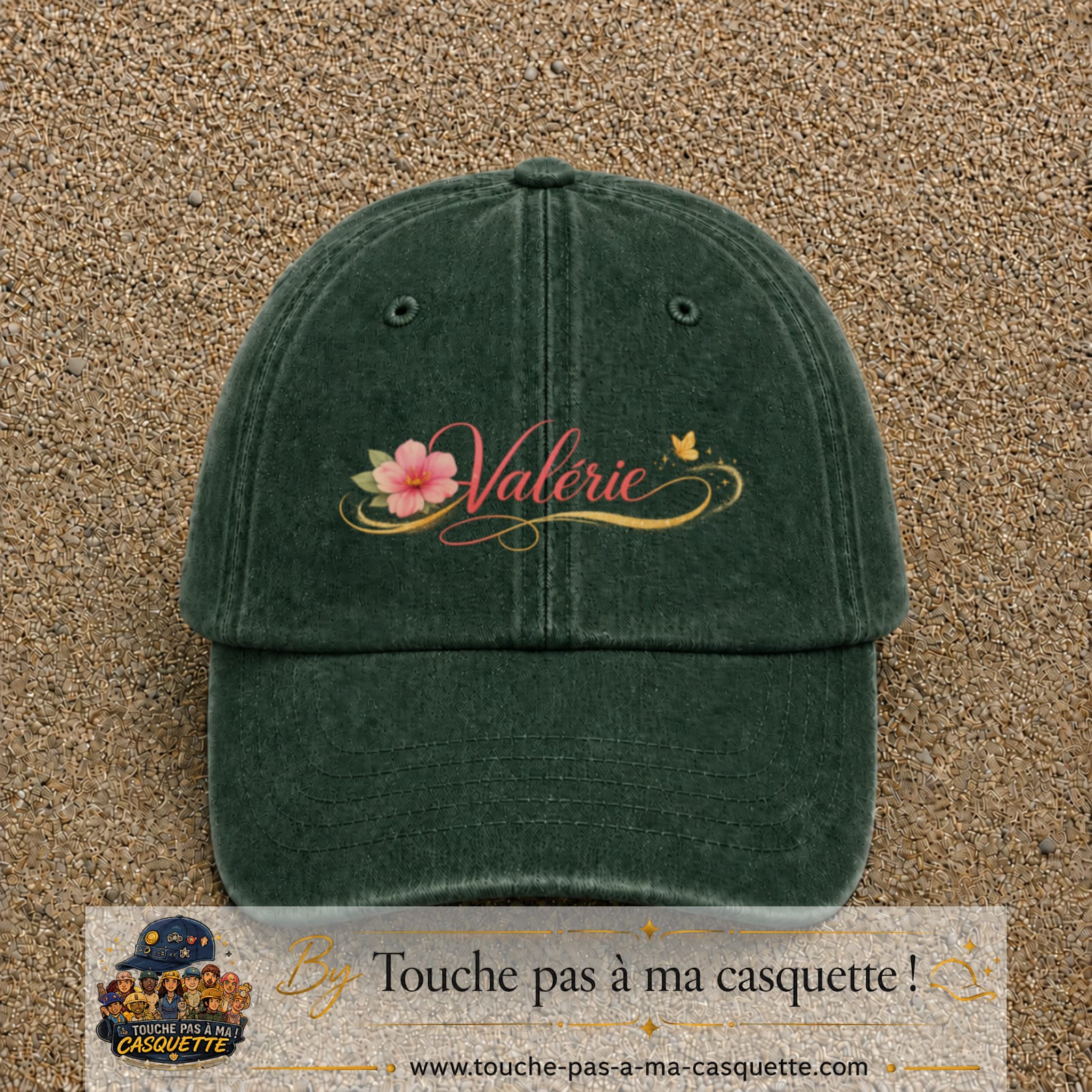 Casquette Vert foncé délavé avec motif Prénom Valérie fleuri en 5 cm – vue principale