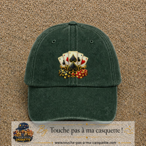 Casquette Vert foncé délavé motif Poker cartes et jetons logo 7 cm