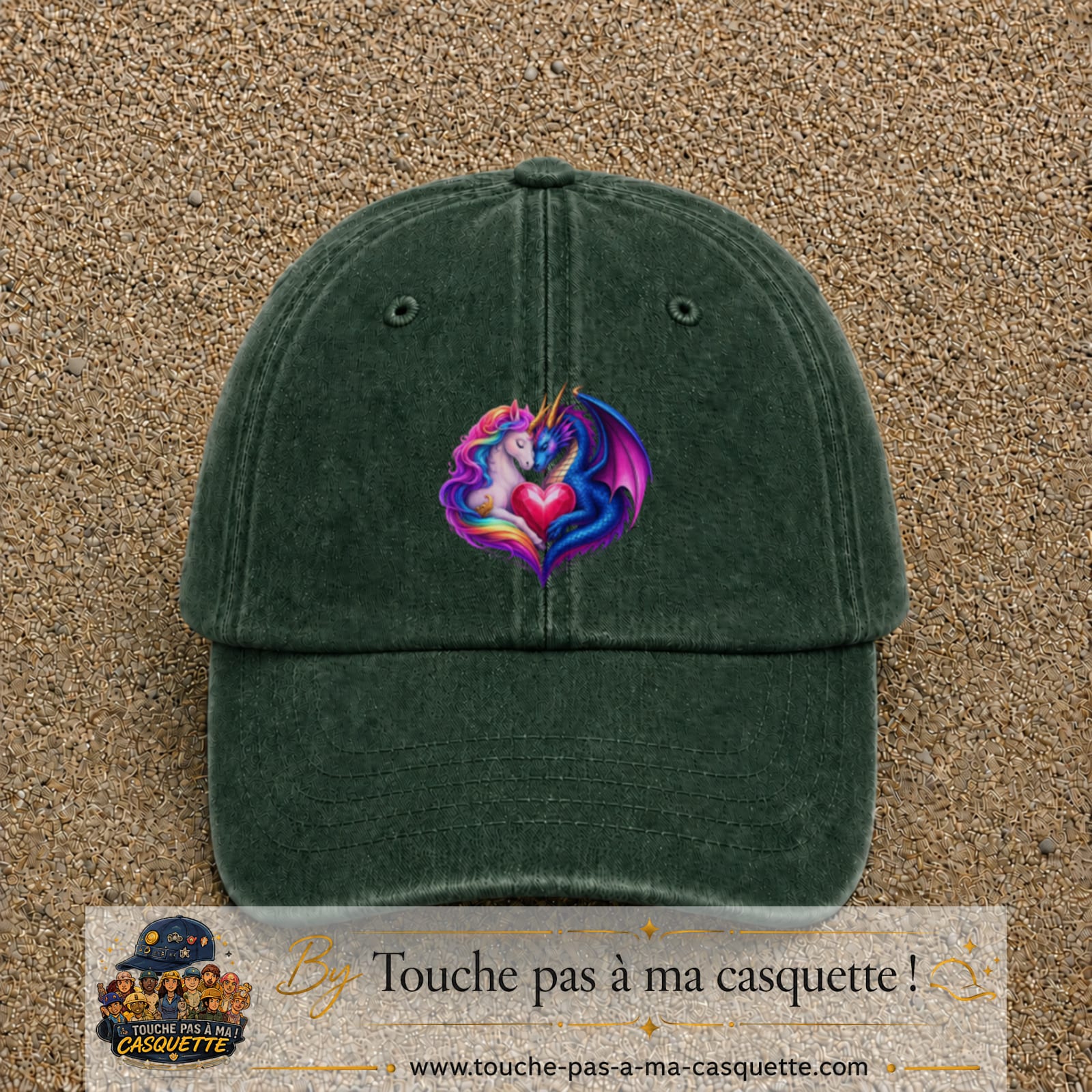Casquette Vert foncé délavé motif Licorne et dragon cœur logo 7 cm