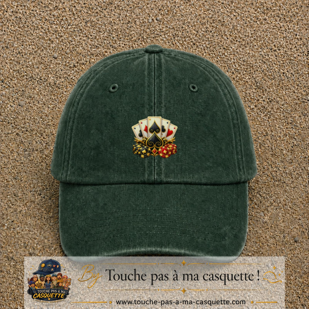 Casquette Vert foncé délavé motif Poker cartes et jetons logo 5 cm