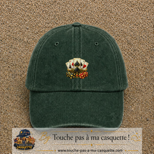 Casquette Vert foncé délavé motif Poker cartes et jetons logo 5 cm