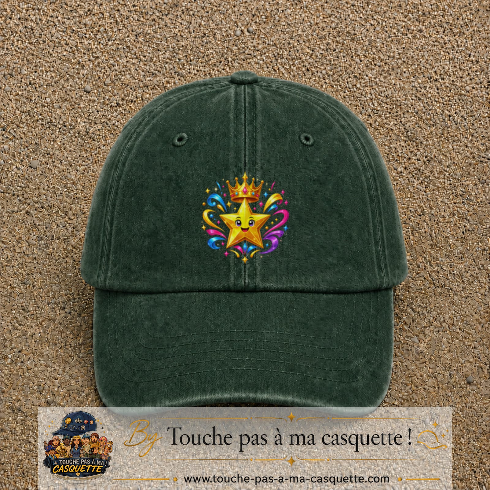 Casquette Vert foncé délavé motif Étoile couronnée logo 7 cm