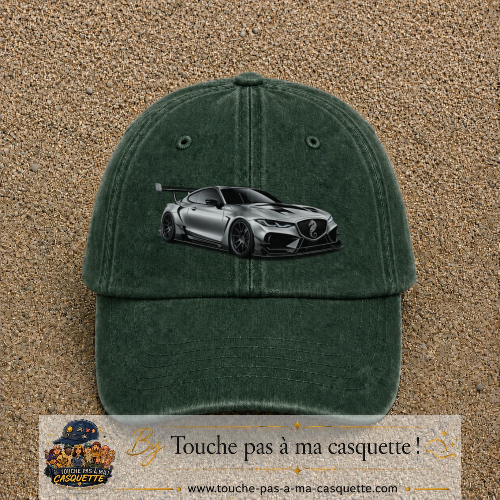 Casquette Vert foncé délavé avec motif Voiture sportive en 7 cm – vue principale