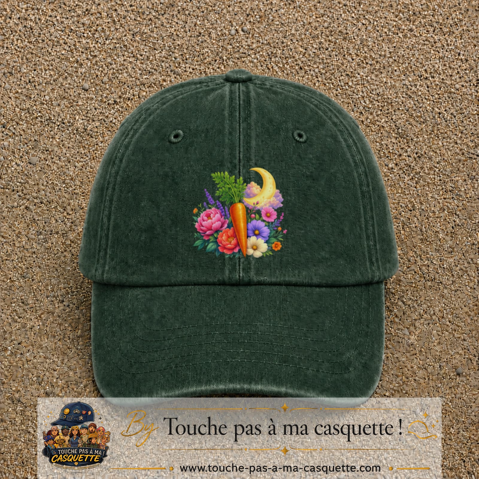 Casquette Vert foncé délavé motif Jardin carotte fleuri logo 7 cm