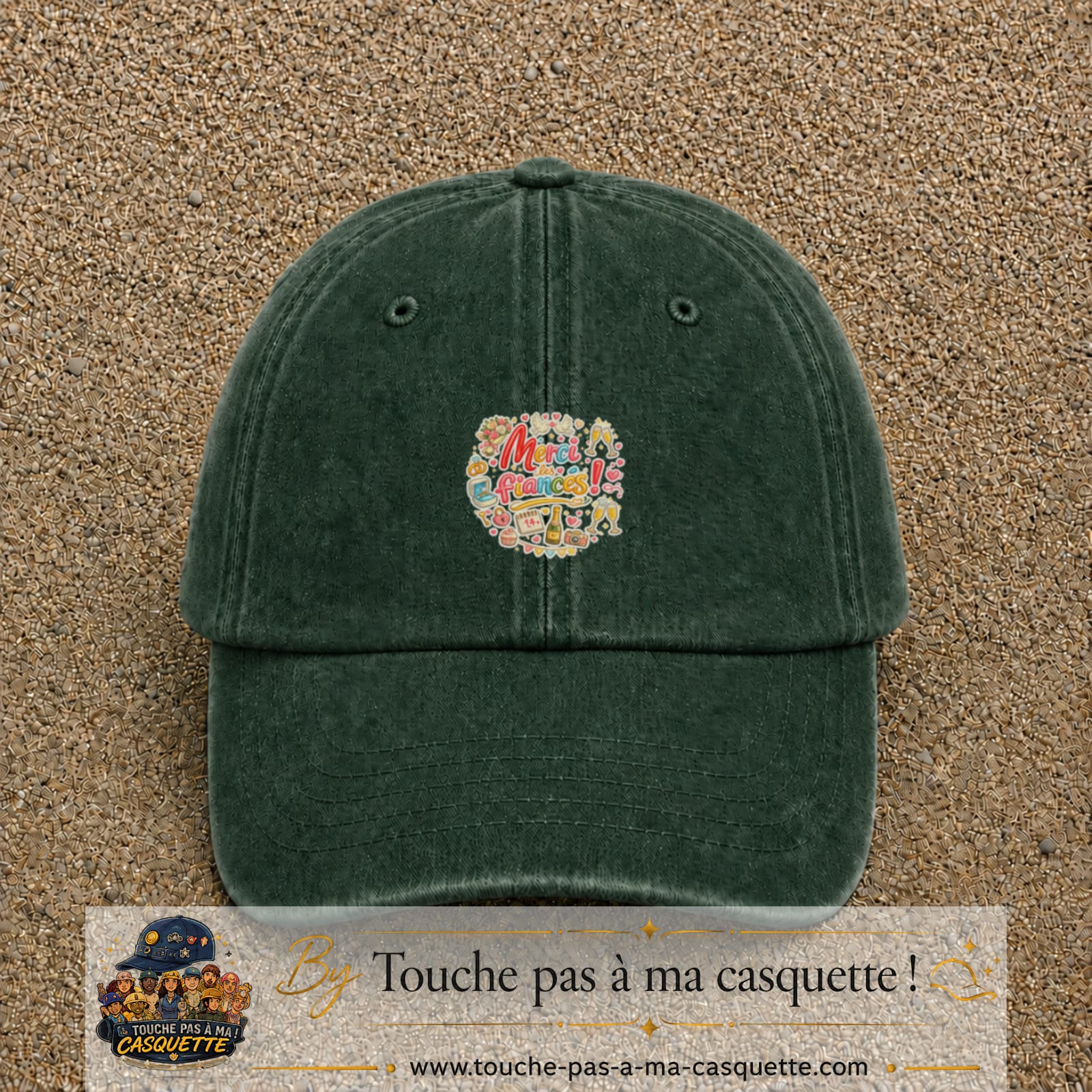 Casquette Vert foncé délavé avec motif Merci les Fiancés en 5 cm – vue principale