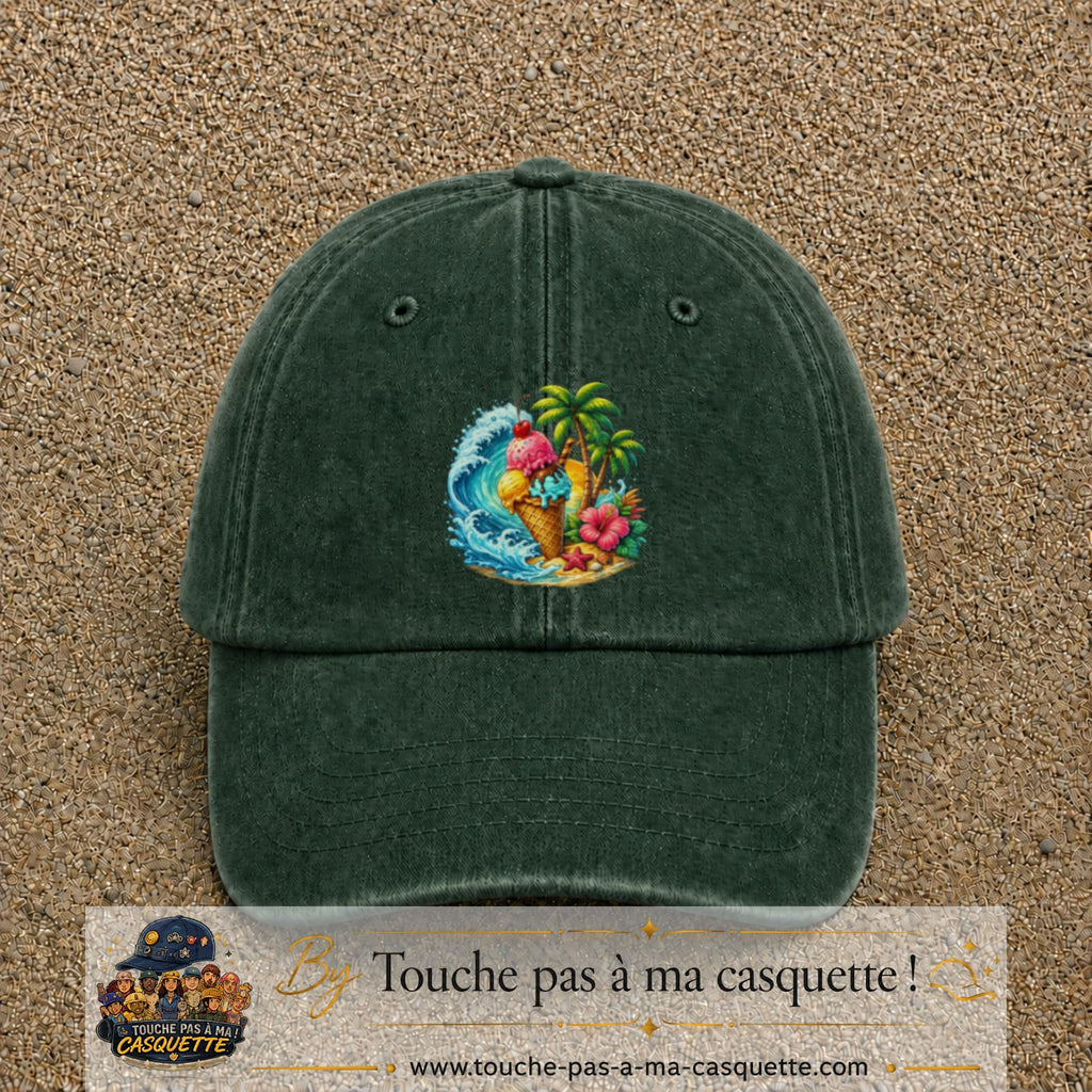 Casquette Vert foncé délavé motif Glace tropicale logo 7 cm