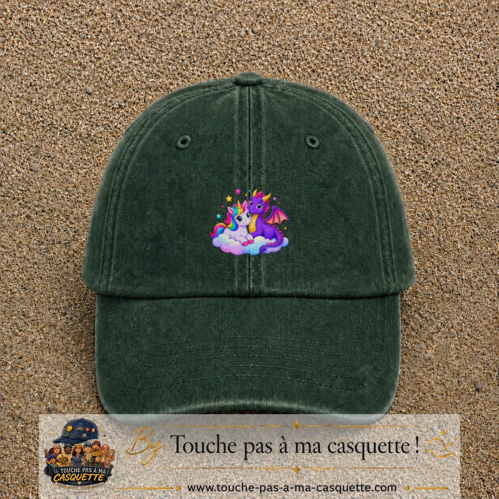 Casquette Vert foncé délavé motif Licorne et bébé dragon logo 5 cm