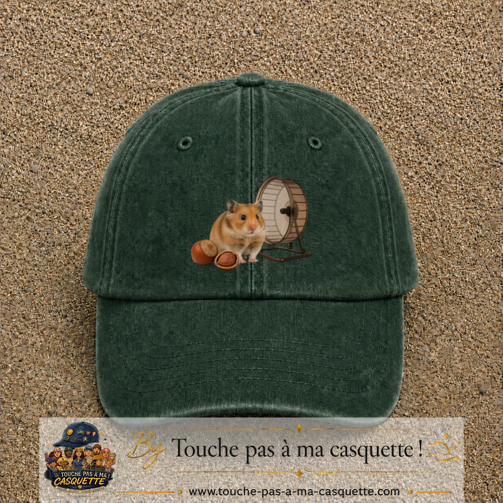 Casquette Vert foncé délavé motif Hamster avec roue logo 7 cm
