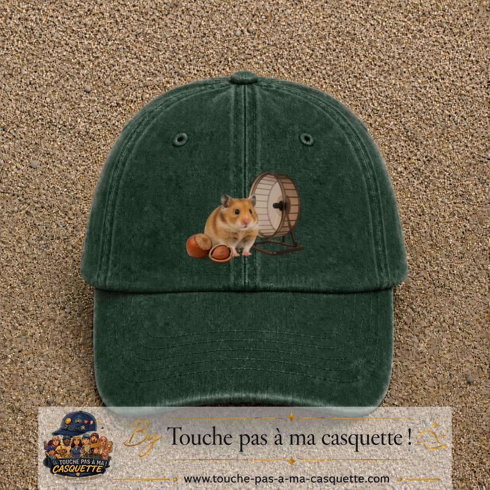 Casquette Vert foncé délavé motif Hamster avec roue logo 7 cm