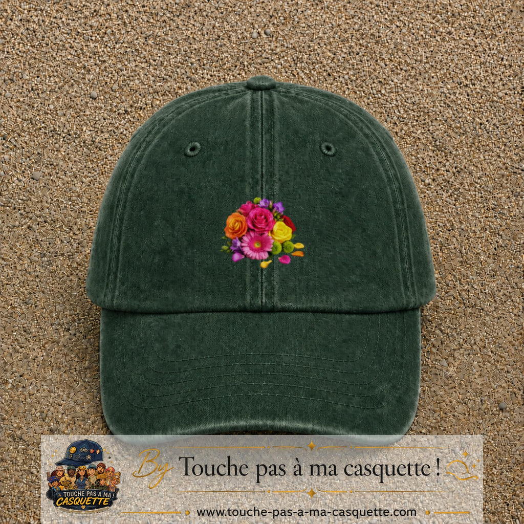 Casquette Vert foncé délavé motif Bouquet de fleurs logo 5 cm