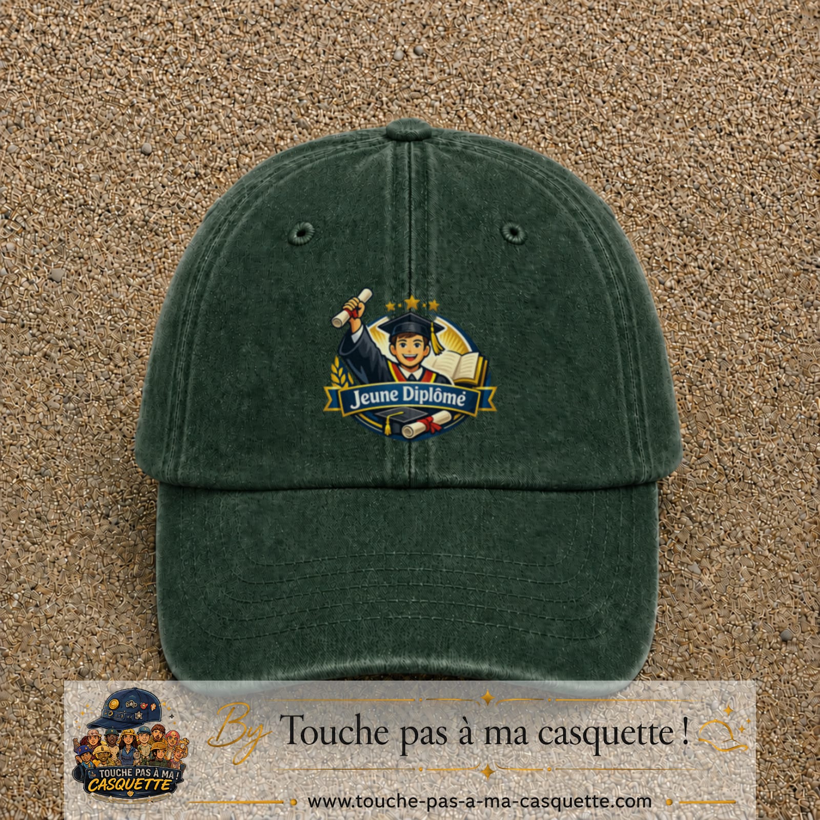 Casquette Vert foncé délavé avec motif Jeune Diplômé en 7 cm – vue principale