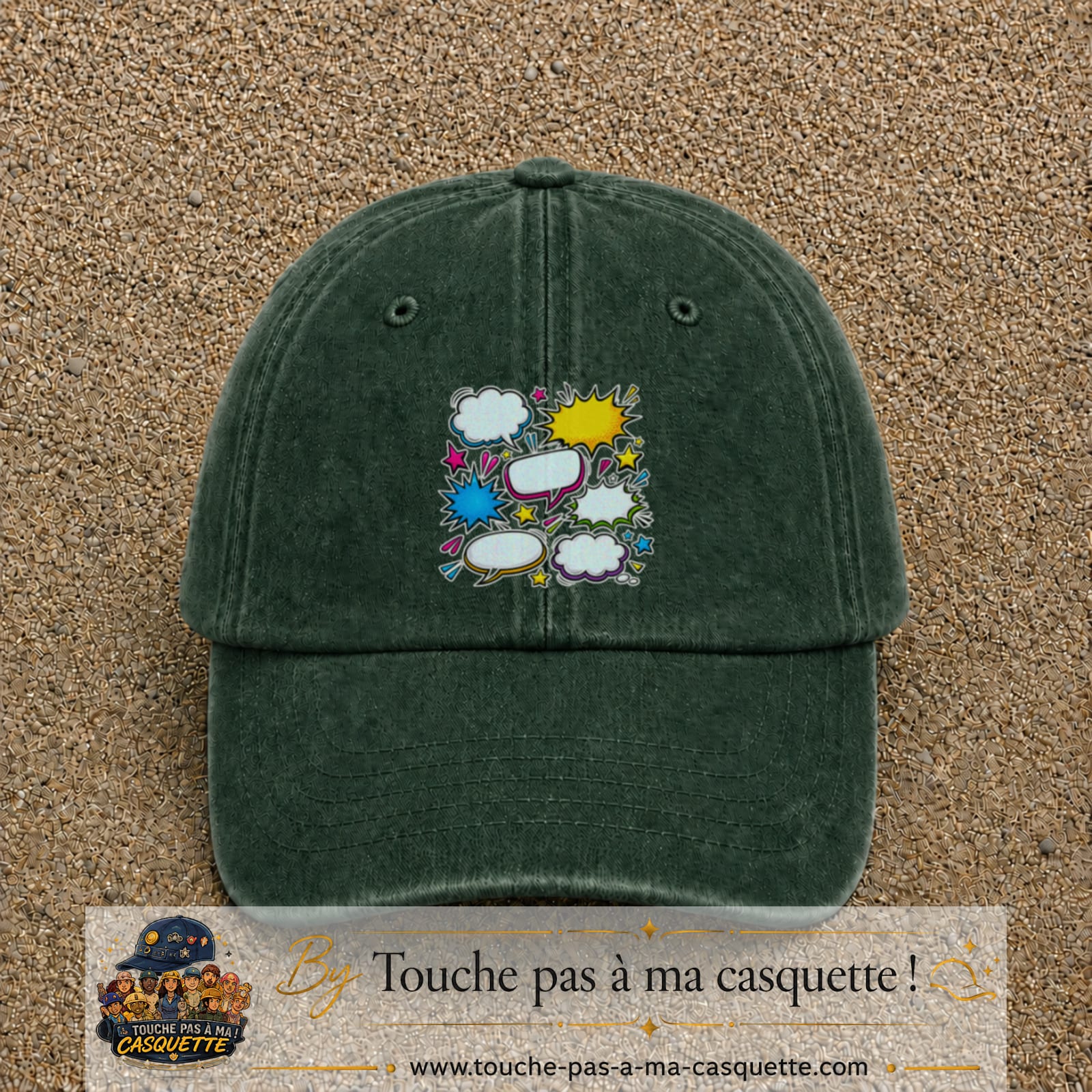 Casquette Vert foncé délavé motif Bulles de bande dessinée logo 7 cm